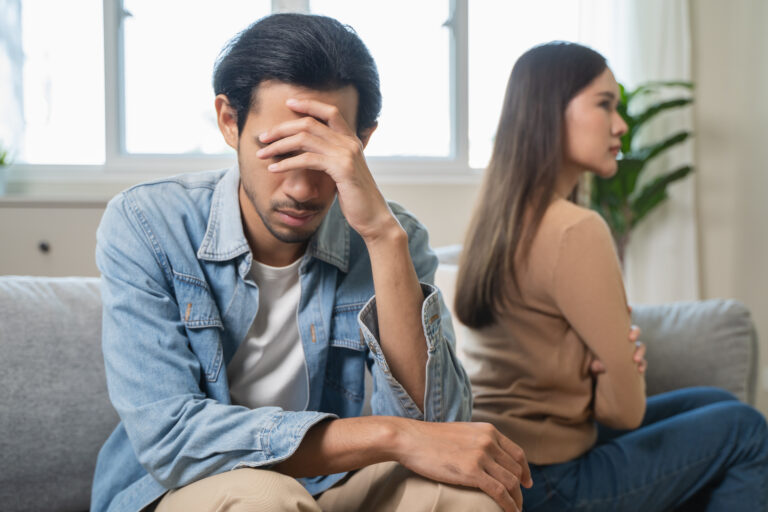 Breakup and depressed, asian young quarrel couple love fight relationship in trouble. Different people are emotion angry. Argue wife has expression upset with husband. Problem of family people