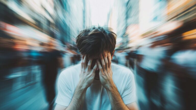 A stressed man covers his face amid a blurred, fast-moving urban background, symbolizing anxiety and overwhelming emotions in a busy city life