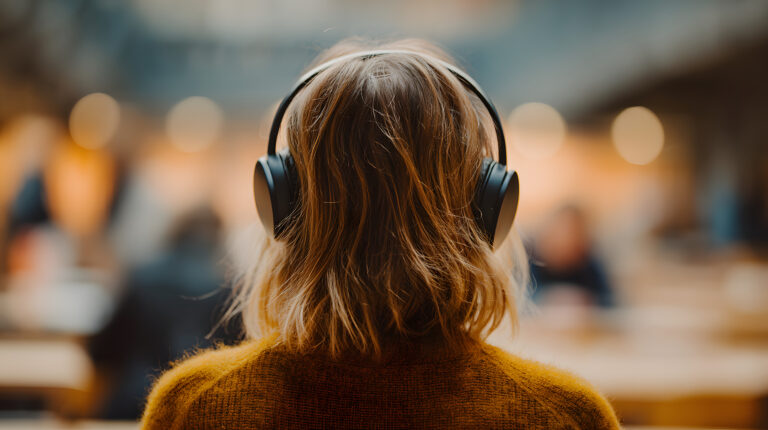 Immerse yourself in sound. A woman with wavy hair listens through headphones, the background a blur of warmth and light, lost in her own world of audio bliss