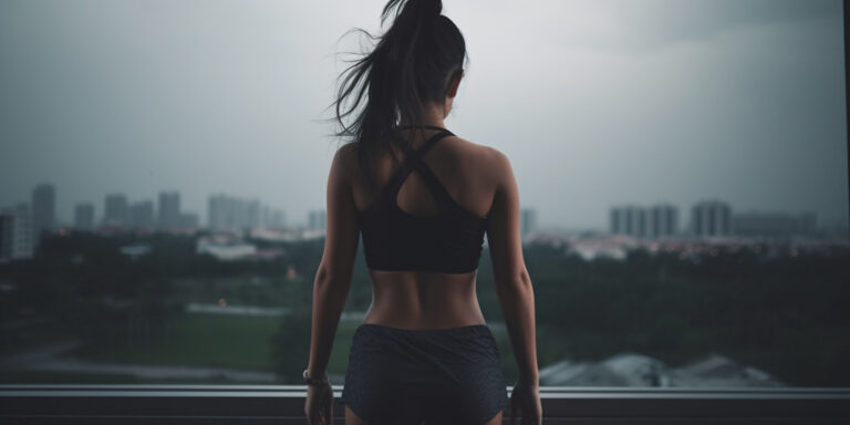 Junge sportliche Frau in Sportbekleidung Po Rückenansicht im Freien, ai generativ