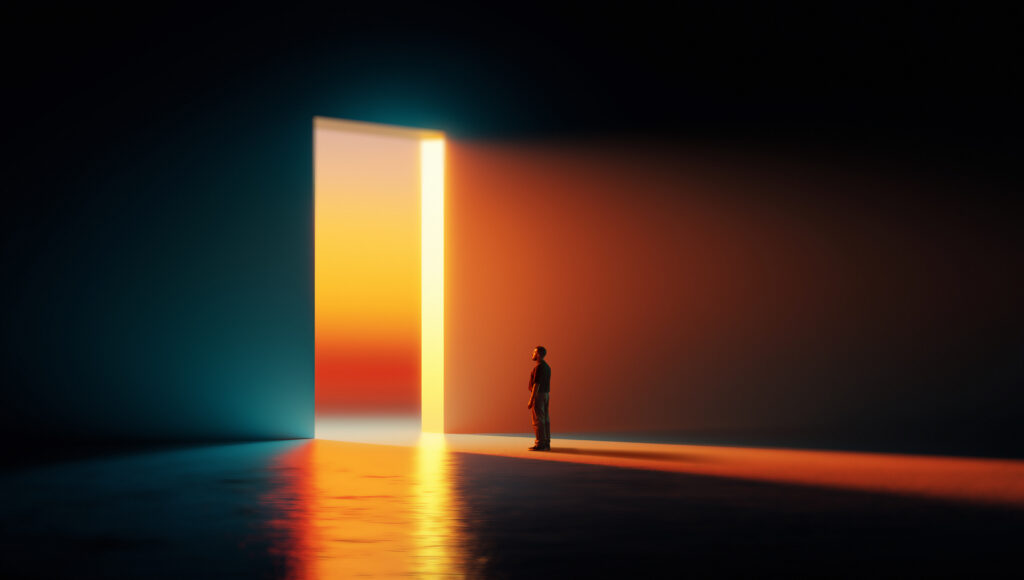 Person standing near a tall glowing doorway emitting orange light in a dark room.